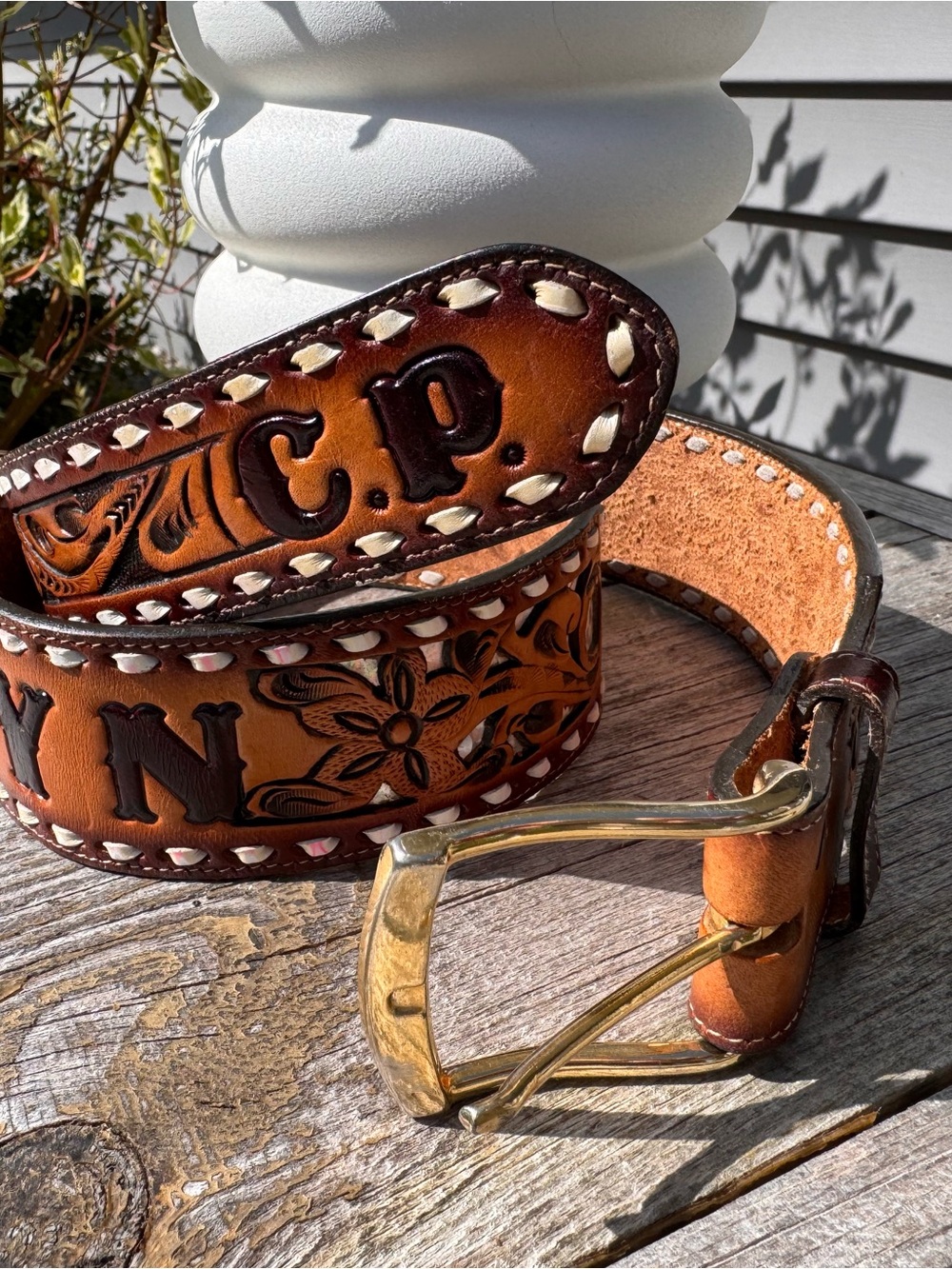 Tony Lama Two-Tone Tooled Leather Women’s Belt, “Carolyn” 30 inches